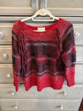 Denim & Supply Ralph Lauren Red & Black Patterned Fringe Crewneck Sweater